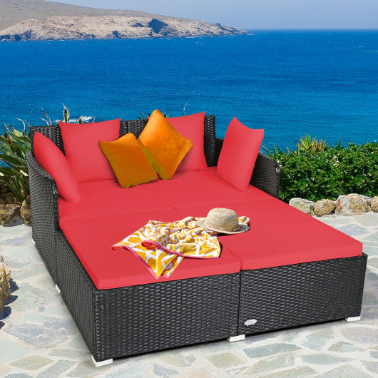 Spacious Outdoor Rattan Daybed with Upholstered Cushions and Pillows-Red