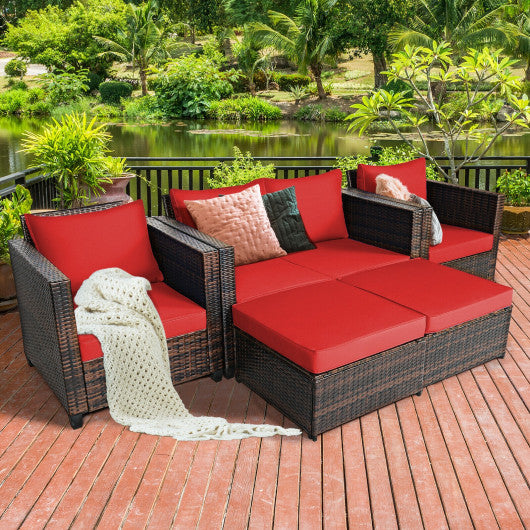 5 Pieces Patio Cushioned Rattan Furniture Set-Red