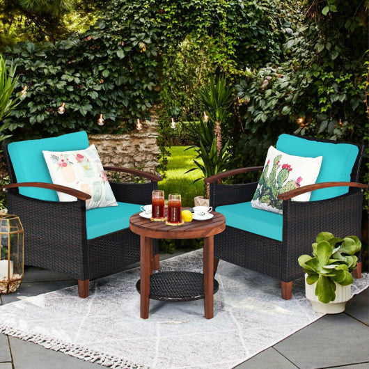 3 Pieces Patio Rattan Furniture Set with Washable Cushion and Acacia Wood Tabletop-Turquoise