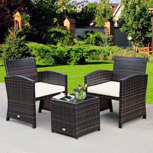 3 Pieces PE Rattan Wicker Furniture Set with Cushion Sofa Coffee Table for Garden-White