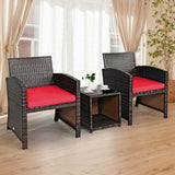 3 Pieces PE Rattan Wicker Furniture Set with Cushion Sofa Coffee Table for Garden-Red