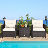 3 Pieces Patio Rattan Furniture Set Cushioned Conversation Set Coffee Table-White