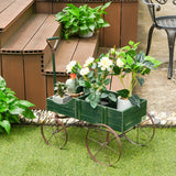 Wooden Wagon Plant Bed With Wheel for Garden Yard-Green