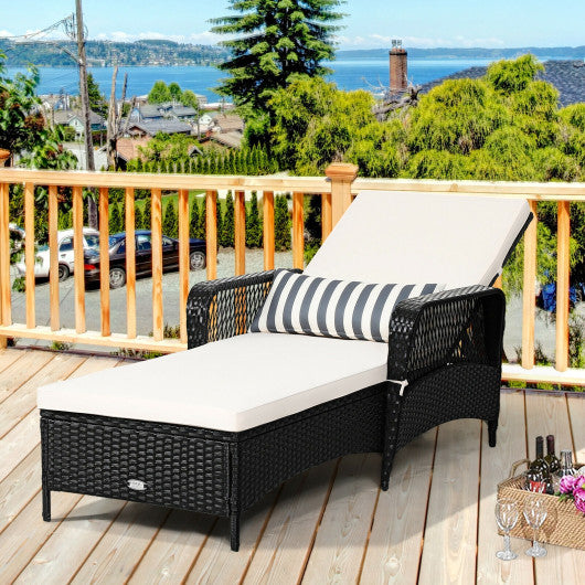 PE Rattan Armrest Chaise Lounge Chair with Adjustable Pillow-Black