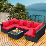 7 Pieces Sectional Wicker Furniture Sofa Set with Tempered Glass Top-Red