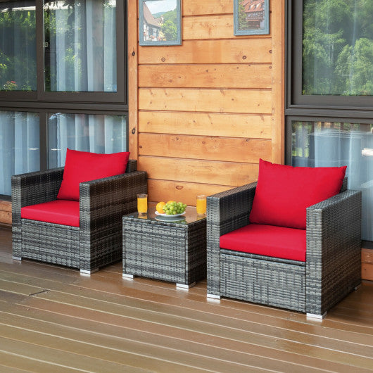 3 Pcs Patio Rattan Furniture Bistro Sofa Set with Cushioned-Red