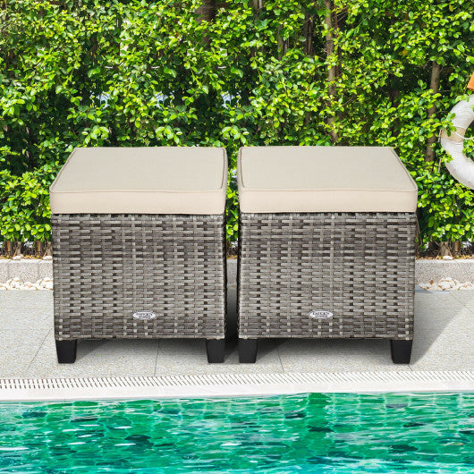 2 Pieces Patio Rattan Ottoman Seat with Removable Cushions-Beige