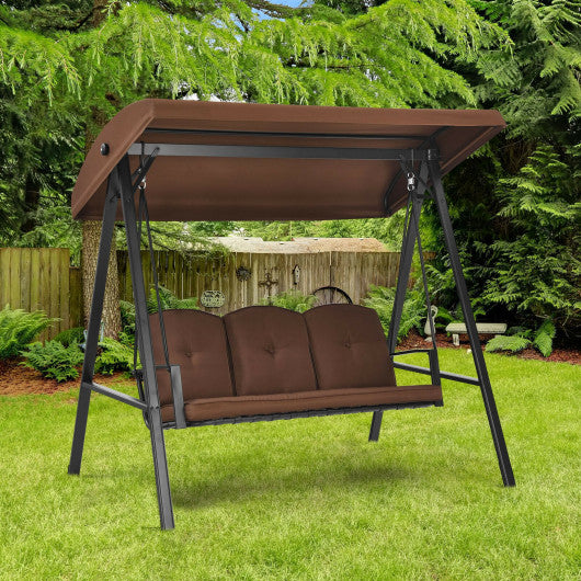 Outdoor 3-Seat Porch Swing with Adjust Canopy and Cushions-Coffee