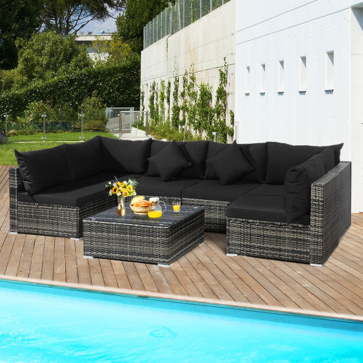 7 Pieces Patio Rattan Furniture Set Sectional Sofa Garden Cushion-Black