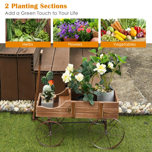 Wooden Wagon Plant Bed With Wheel for Garden Yard-Brown