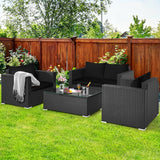 4 Pieces Patio Rattan Conversation Set with Cushions and Coffee Table-Black