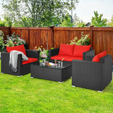 4 Pieces Patio Rattan Conversation Set with Cushions and Coffee Table-Red