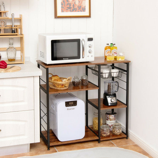 Industrial Kitchen Baker's Rack Microwave Shelf with 6 Hooks-Brown