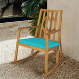 Patio Acacia Wood Rocking Chair Sofa with Armrest and Cushion for Garden and Deck-Turquoise