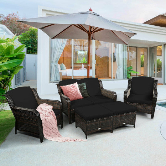 5 Pieces Patio Rattan Sofa Set with Cushion and Ottoman-Black