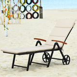 Outdoor Chaise Lounge Chair Rattan Lounger Recliner Chair-Beige