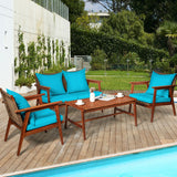 4 Pieces Acacia Wood Patio Rattan Furniture Set-Turquoise