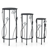 3 Pieces Metal Plant Stand Set with Crystal Floral Accents Round-Black