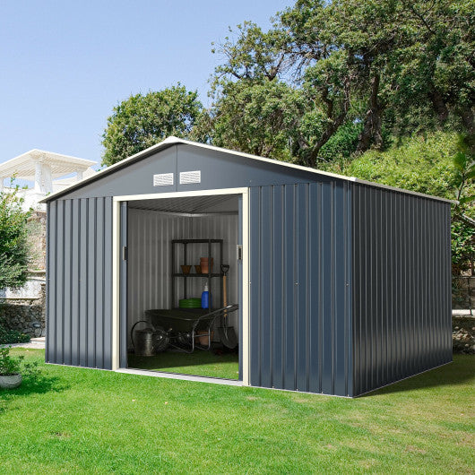 11 x 8 Feet Metal Storage Shed for Garden and Tools with 2 Lockable Sliding Doors-Gray