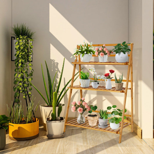 3-Tier Bamboo Foldable Plant Stand with Display Shelf Rack-Natural