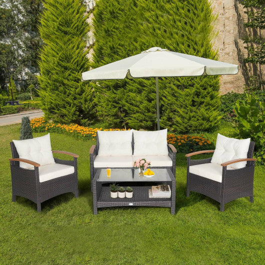 4 Pieces Patio Rattan Furniture Set with Cushioned Sofa and Storage Table-White