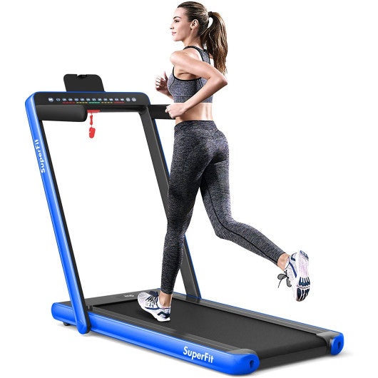 2-in-1 Electric Motorized Health and Fitness Folding Treadmill with Dual Display-Blue