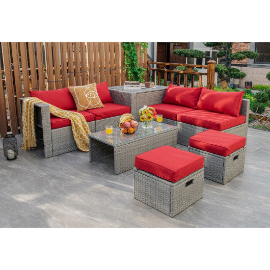 8 Pieces Patio Rattan Furniture Set with Storage Waterproof Cover and Cushion-Red