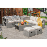 8 Pieces Patio Rattan Furniture Set with Storage Waterproof Cover and Cushion-Off White