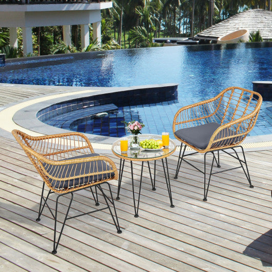 3 Pieces Rattan Furniture Set with Cushioned Chair Table-Gray