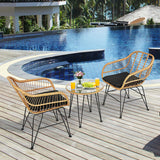 3 Pieces Rattan Furniture Set with Cushioned Chair Table-Black