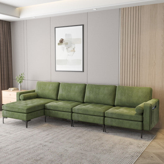 Modular L-shaped 4-Seat Sectional Sofa with Reversible Chaise and 2 USB Socket-Army Green