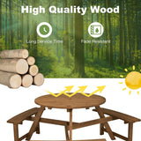 6-person Round Wooden Picnic Table with Umbrella Hole and 3 Built-in Benches-Dark Brown