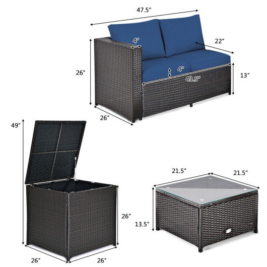 4 Pieces Outdoor Patio Rattan Furniture Set with Cushioned Loveseat and Storage Box-Navy