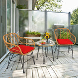 3 Pieces Rattan Furniture Set with Cushioned Chair Table-Red