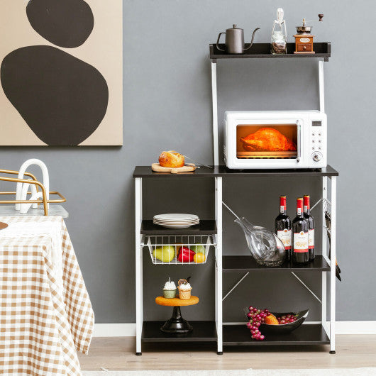4-tier Kitchen Baker's Rack with Basket and 5 Hooks-Black