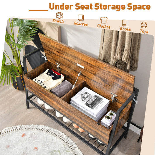 Industrial Shoe Bench with Storage Space and Metal Handrail-Rustic Brown