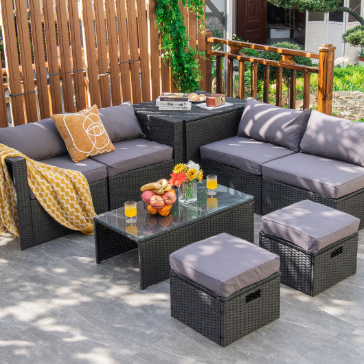 8 Pieces Patio Rattan Storage Table Furniture Set-Gray