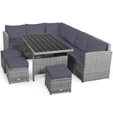 7 Pieces Patio Rattan Dining Furniture Sectional Sofa Set with Wicker Ottoman-Gray