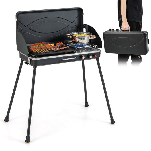 2-in-1 Gas Camping Grill and Stove with Detachable Legs-Black