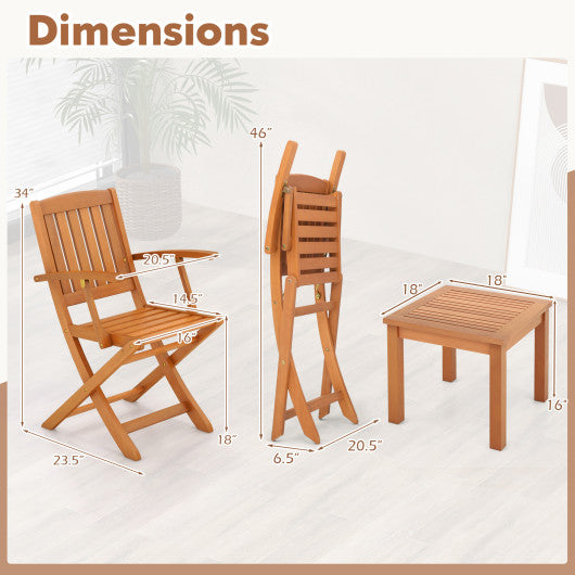 3 PCS Eucalyptus Wood Patio Bistro Set with 2 Folding Arm Chairs