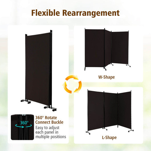3 Panel Folding Room Divider with Lockable Wheels-Brown