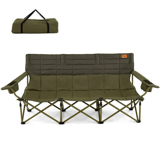 3 Person Folding Camping Chair with 2 Cup Holders Cotton Padding & Storage Bag-Green