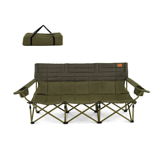 3 Person Folding Camping Chair with 2 Cup Holders Cotton Padding & Storage Bag-Green