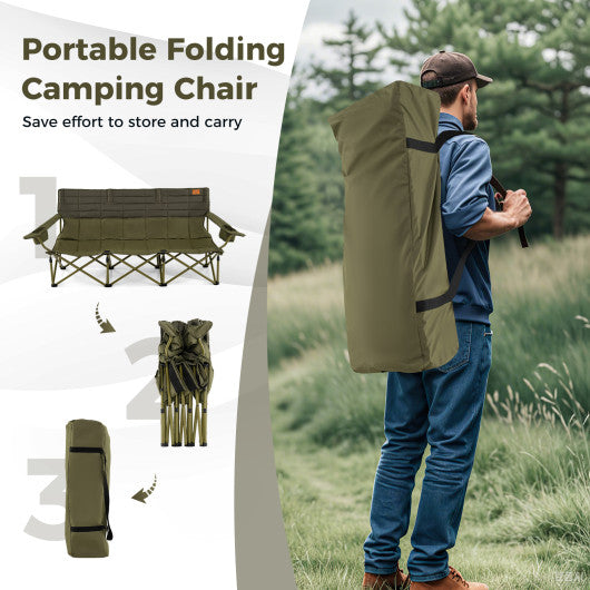 3 Person Folding Camping Chair with 2 Cup Holders Cotton Padding & Storage Bag-Green