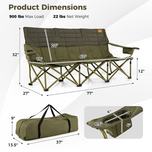 3 Person Folding Camping Chair with 2 Cup Holders Cotton Padding & Storage Bag-Green