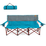 3 Person Folding Camping Chair with 2 Cup Holders Cotton Padding & Storage Bag-Blue