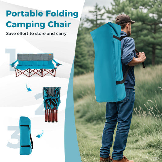 3 Person Folding Camping Chair with 2 Cup Holders Cotton Padding & Storage Bag-Blue