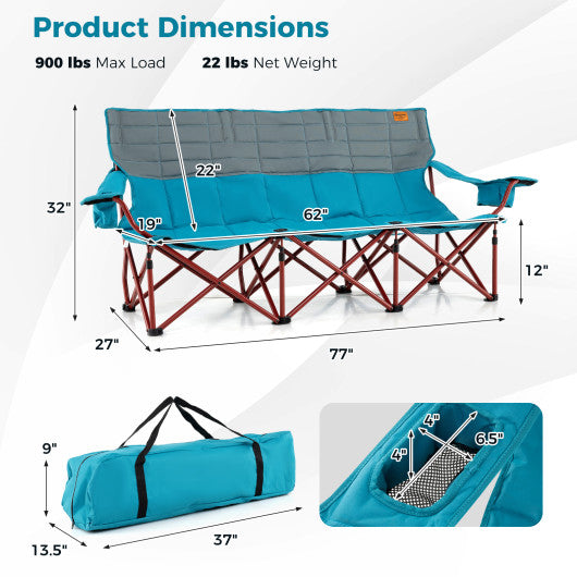 3 Person Folding Camping Chair with 2 Cup Holders Cotton Padding & Storage Bag-Blue