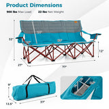 3 Person Folding Camping Chair with 2 Cup Holders Cotton Padding & Storage Bag-Blue