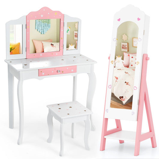 2 Pieces Kids Vanity Set and Jewelry Armoire Cabinet with Full-length Mirror-White